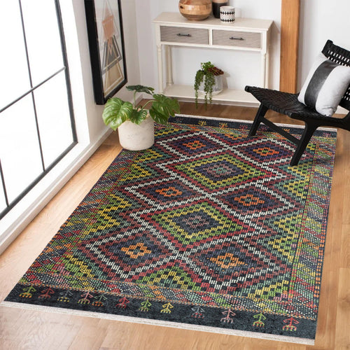 Siyah Geometrik Modern Etnik Desenli Halı  | Makinada Yıkanabilir | Hav Toz Vermez | Leke Tutmayan | Kaymaz Taban | Dijital Makine Baskı | Salon Yolluk Mutfak Halısı