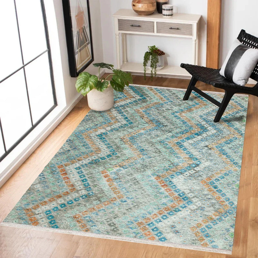 Mavi Geometrik Modern Halı - Yıkanabilir - Kaymaz Taban - Pati Dostu