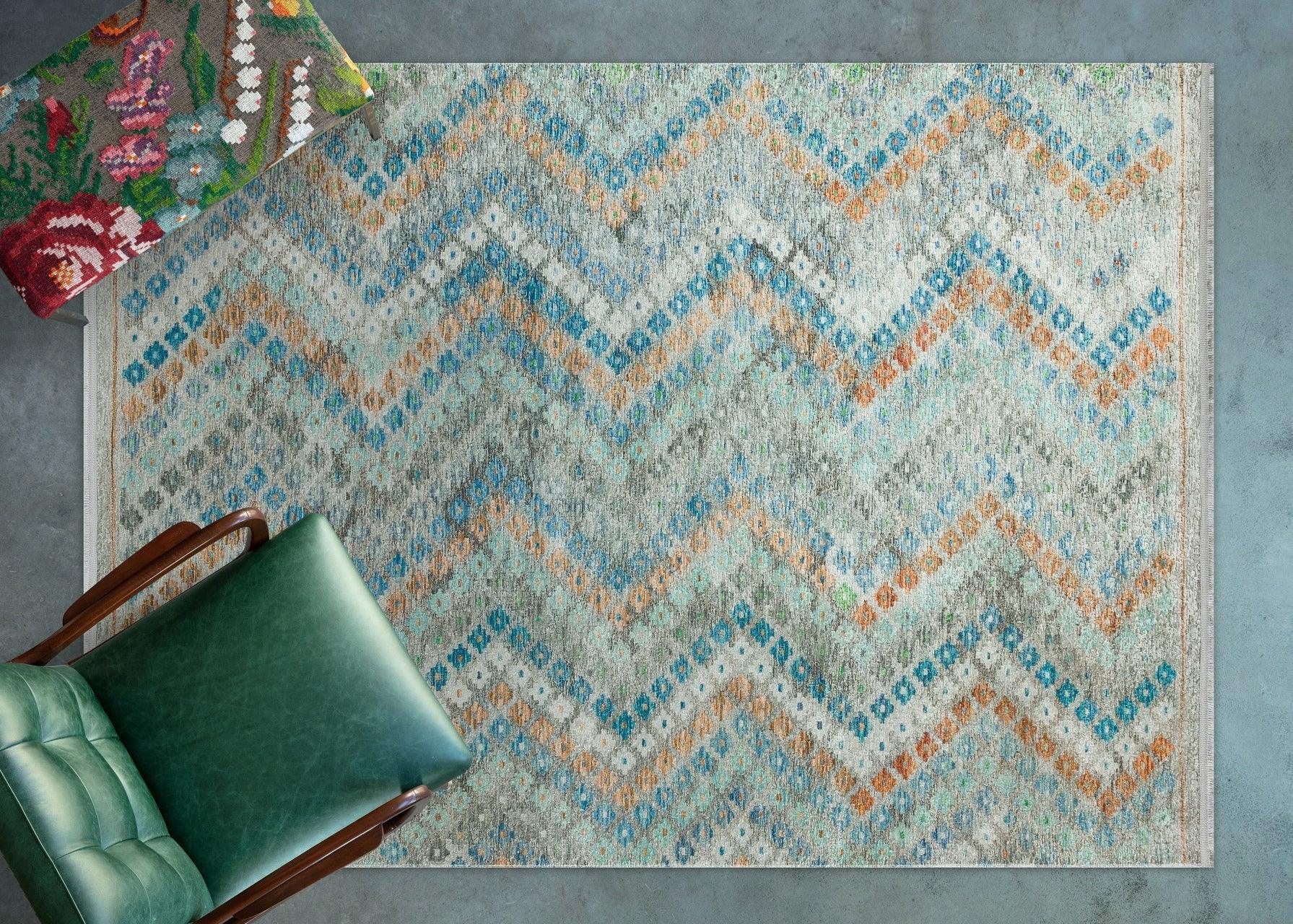 Mavi Geometrik Modern Halı - Yıkanabilir - Kaymaz Taban - Pati Dostu