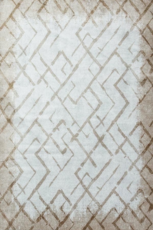 Gri Krem Geometrik Modern Halı - Yıkanabilir - Kaymaz Taban - Pati Dostu
