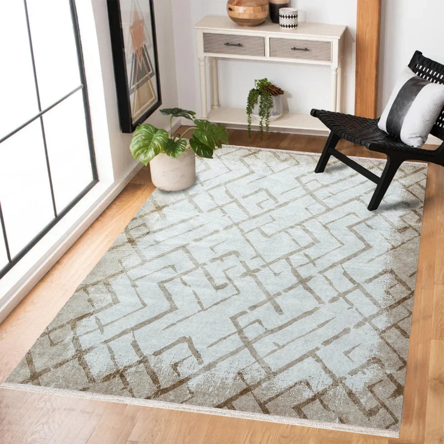 Gri Krem Geometrik Modern Halı - Yıkanabilir - Kaymaz Taban - Pati Dostu