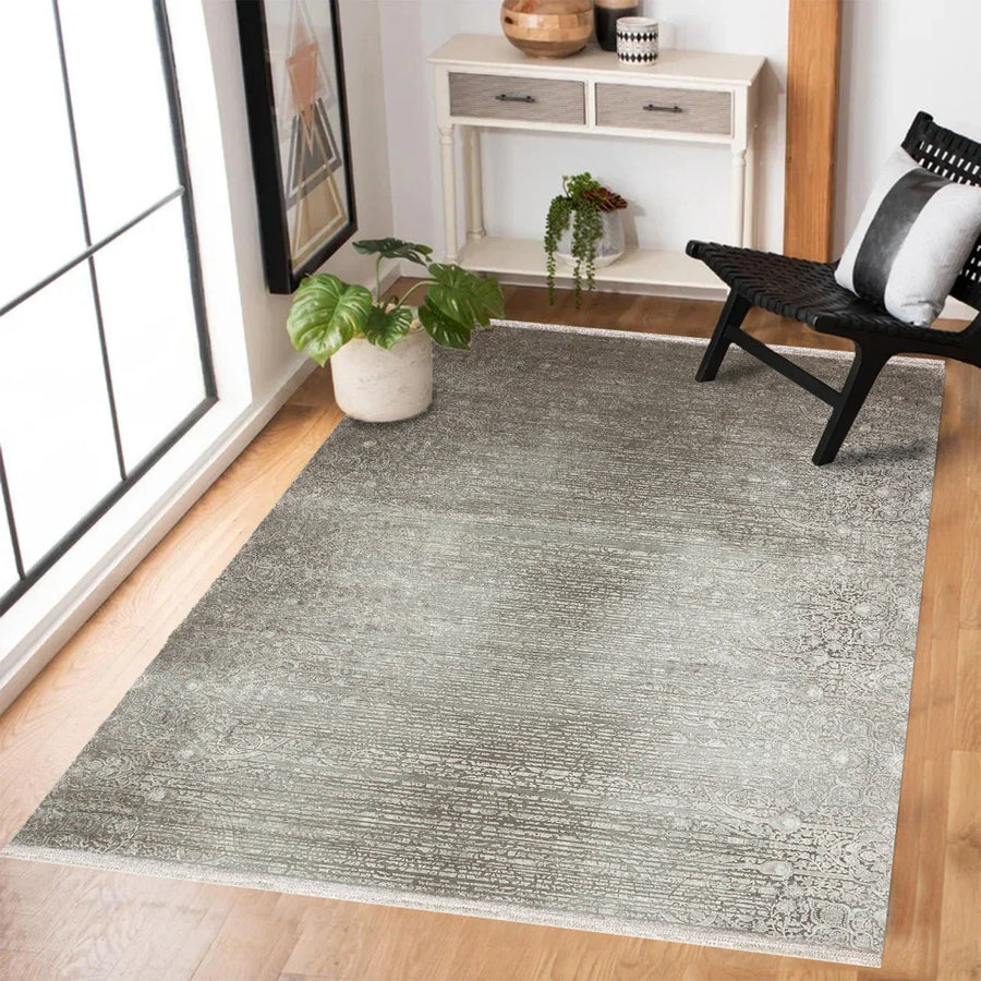 Gri Vizon Eskitme Modern Halı - Yıkanabilir - Kaymaz Taban - Pati Dostu