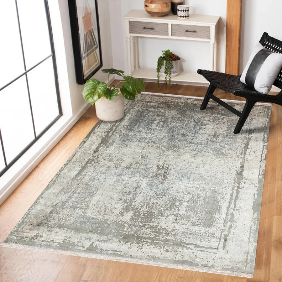Gri Krem Eskitme Modern Halı - Yıkanabilir - Kaymaz Taban - Pati Dostu