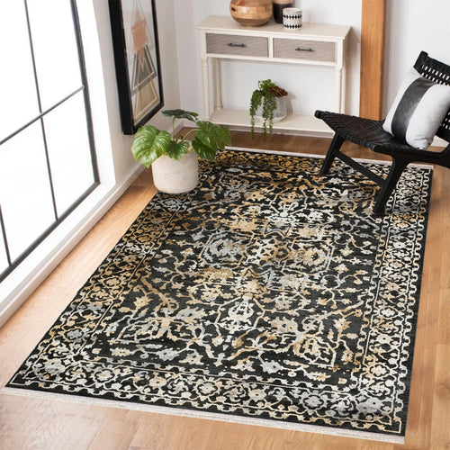 Siyah Çerçeveli Modern Etnik Desenli Halı  | Makinada Yıkanabilir | Hav Toz Vermez | Leke Tutmayan | Kaymaz Taban | Dijital Makine Baskı | Salon Yolluk Mutfak Halısı