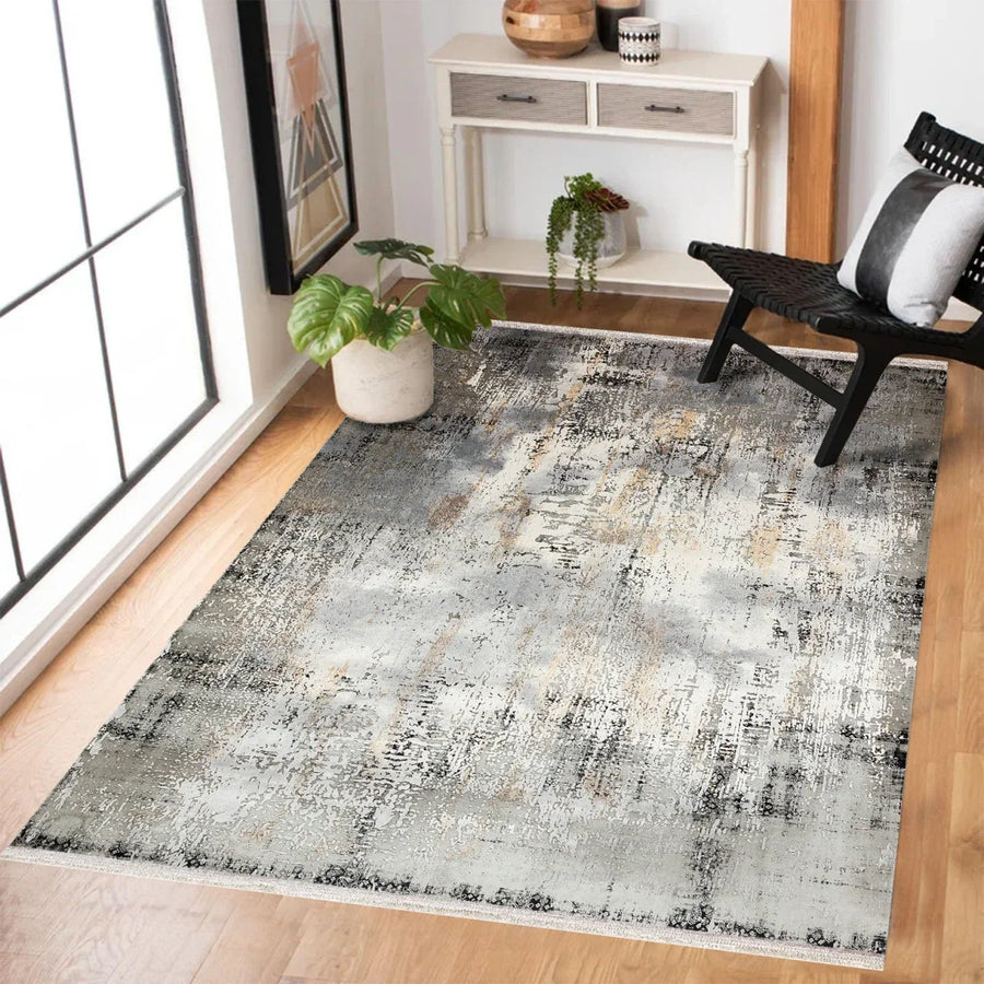 Gold Gri Eskitme Modern Halı - Yıkanabilir - Kaymaz Taban - Pati Dostu