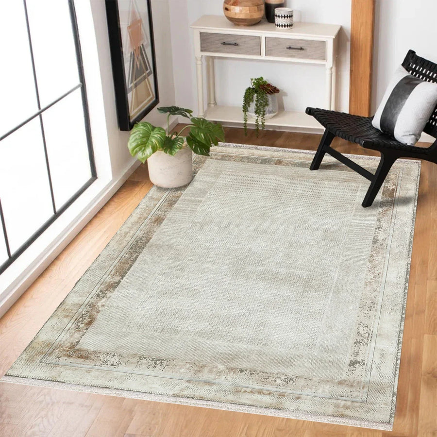 Gri Krem Eskitme Modern Halı - Yıkanabilir - Kaymaz Taban - Pati Dostu