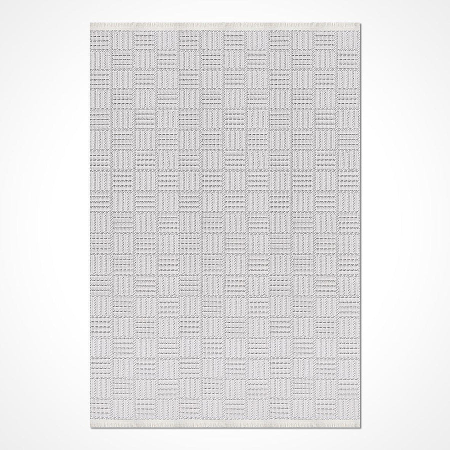 Beyaz Dokulu Geometrik Triko Halı - Pati Dostu - Toz Vermez