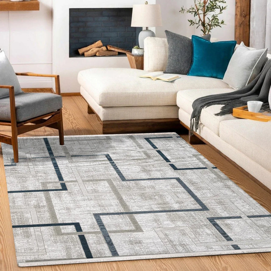 Gri Mavi Dokulu Geometrik Triko Halı - Pati Dostu - Toz Vermez