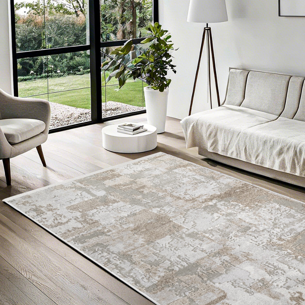 Bej Gri Dokulu Eskitme Halı - Yıkanabilir - Kaymaz Taban - Pati Dostu