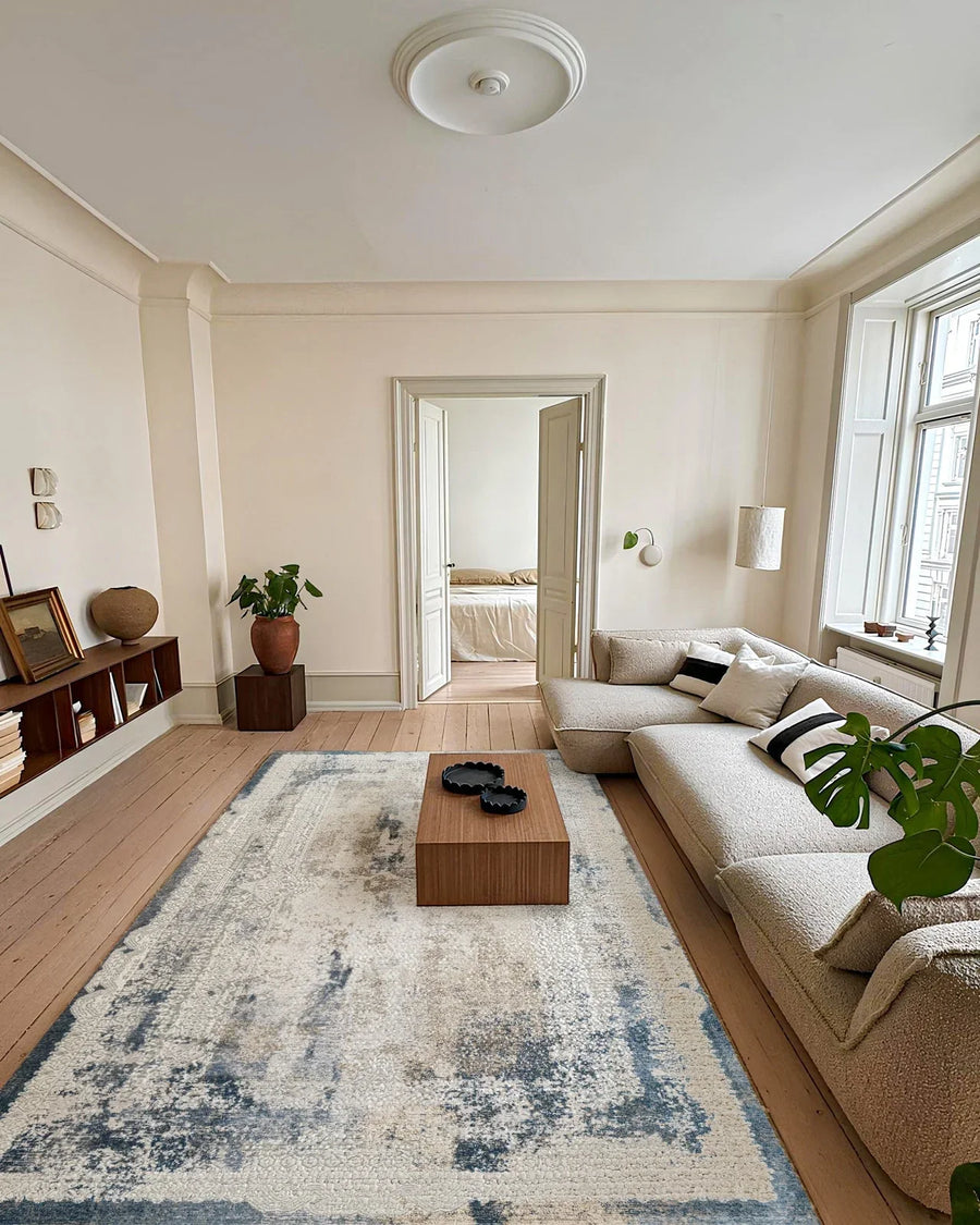 Blue and White Distressed Abstract Area Rug – in the living room