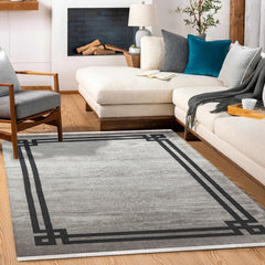 Gri Çerçeveli Modern Etnik Desenli Halı  | Makinada Yıkanabilir | Hav Toz Vermez | Leke Tutmayan | Kaymaz Taban | Dijital Makine Baskı | Salon Yolluk Mutfak Halısı