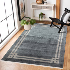 Antrasit Çerçeveli Modern Etnik Desenli Halı  | Makinada Yıkanabilir | Hav Toz Vermez | Leke Tutmayan | Kaymaz Taban | Dijital Makine Baskı | Salon Yolluk Mutfak Halısı