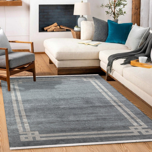 Antrasit Çerçeveli Modern Etnik Desenli Halı  | Makinada Yıkanabilir | Hav Toz Vermez | Leke Tutmayan | Kaymaz Taban | Dijital Makine Baskı | Salon Yolluk Mutfak Halısı