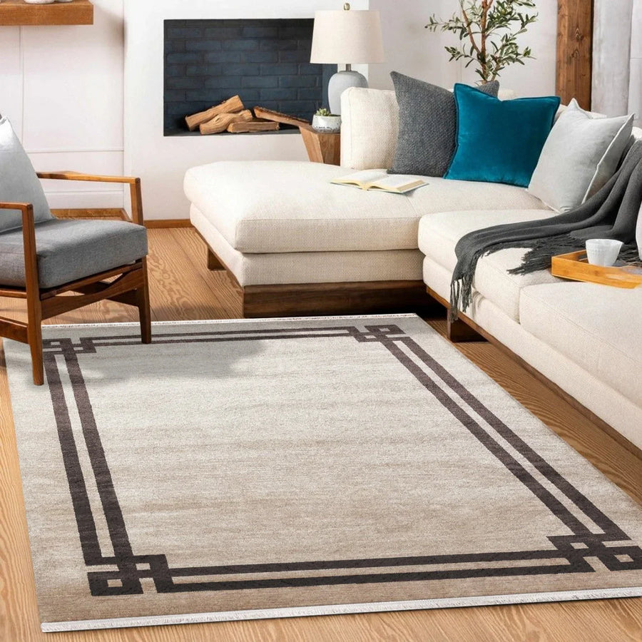 Krem Vizon Bordürlü Modern Halı - Yıkanabilir - Kaymaz Taban - Pati Dostu