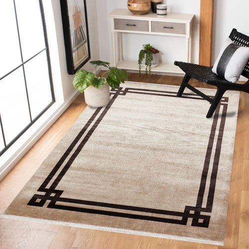 Vizon Çerçeveli Modern Etnik Desenli Halı  | Makinada Yıkanabilir | Hav Toz Vermez | Leke Tutmayan | Kaymaz Taban | Dijital Makine Baskı | Salon Yolluk Mutfak Halısı