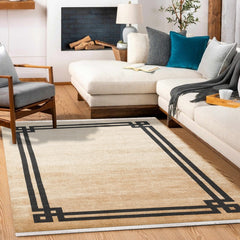 Vizon Çerçeveli Modern Etnik Desenli Halı  | Makinada Yıkanabilir | Hav Toz Vermez | Leke Tutmayan | Kaymaz Taban | Dijital Makine Baskı | Salon Yolluk Mutfak Halısı