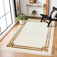 Altın Çerçeveli Modern Etnik Desenli Halı  | Makinada Yıkanabilir | Hav Toz Vermez | Leke Tutmayan | Kaymaz Taban | Dijital Makine Baskı | Salon Yolluk Mutfak Halısı