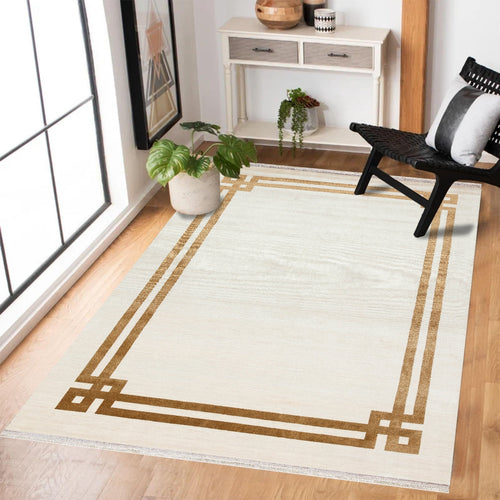 Altın Çerçeveli Modern Etnik Desenli Halı  | Makinada Yıkanabilir | Hav Toz Vermez | Leke Tutmayan | Kaymaz Taban | Dijital Makine Baskı | Salon Yolluk Mutfak Halısı