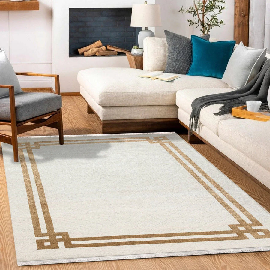 Beyaz Gold Bordürlü Modern Halı - Yıkanabilir - Kaymaz Taban - Pati Dostu
