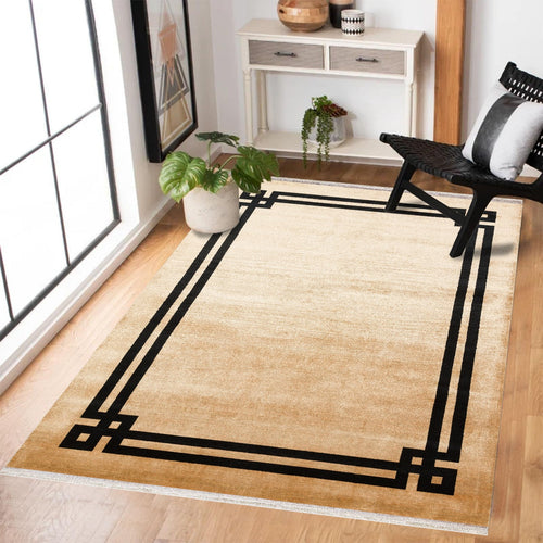 Siyah Çerçeveli Modern Etnik Desenli Halı  | Makinada Yıkanabilir | Hav Toz Vermez | Leke Tutmayan | Kaymaz Taban | Dijital Makine Baskı | Salon Yolluk Mutfak Halısı