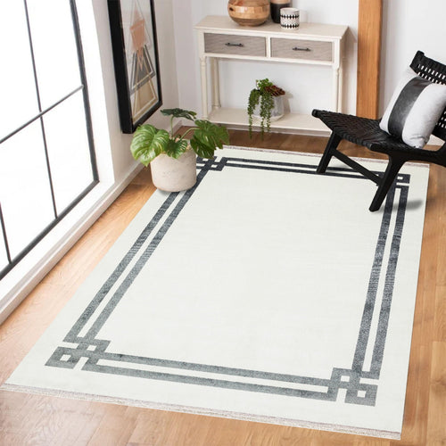 Siyah Çerçeveli Modern Etnik Desenli Halı  | Makinada Yıkanabilir | Hav Toz Vermez | Leke Tutmayan | Kaymaz Taban | Dijital Makine Baskı | Salon Yolluk Mutfak Halısı