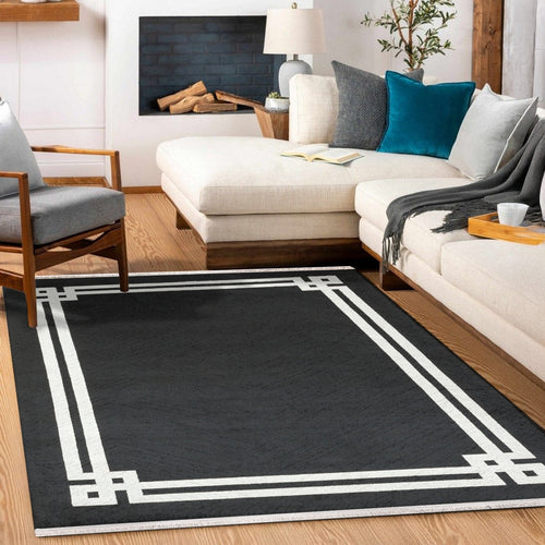 Siyah Çerçeveli Modern Etnik Desenli Halı  | Makinada Yıkanabilir | Hav Toz Vermez | Leke Tutmayan | Kaymaz Taban | Dijital Makine Baskı | Salon Yolluk Mutfak Halısı