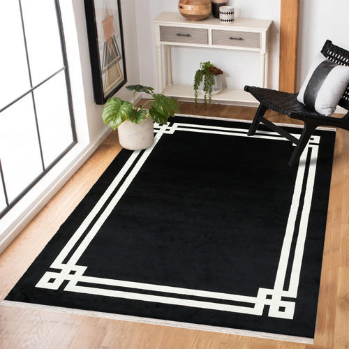 Siyah Çerçeveli Modern Etnik Desenli Halı  | Makinada Yıkanabilir | Hav Toz Vermez | Leke Tutmayan | Kaymaz Taban | Dijital Makine Baskı | Salon Yolluk Mutfak Halısı