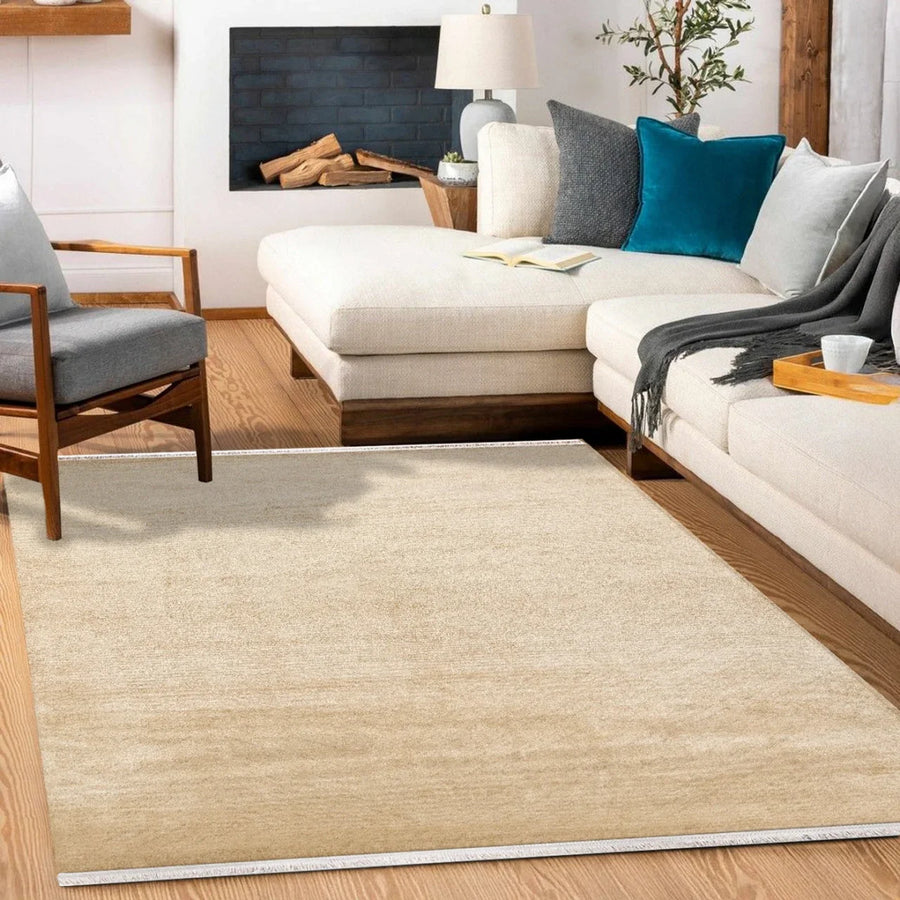 Bej Krem Düz Modern Halı - Yıkanabilir - Kaymaz Taban - Pati Dostu