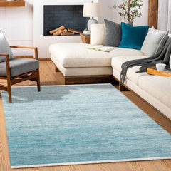 Mavi Düz Modern Etnik Desenli Halı  | Makinada Yıkanabilir | Hav Toz Vermez | Leke Tutmayan | Kaymaz Taban | Dijital Makine Baskı | Salon Yolluk Mutfak Halısı