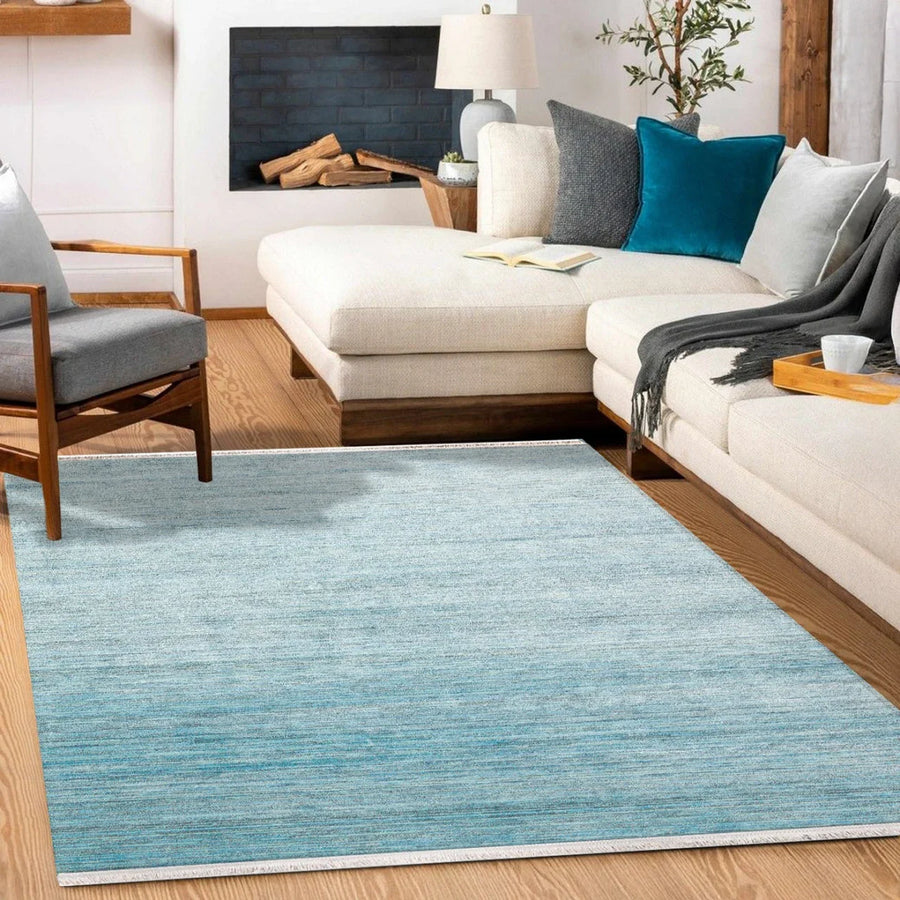 Mavi Düz Modern Halı - Yıkanabilir - Kaymaz Taban - Pati Dostu