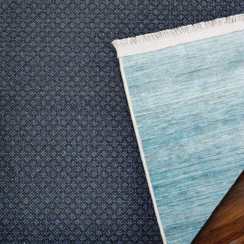 Mavi Düz Modern Etnik Desenli Halı  | Makinada Yıkanabilir | Hav Toz Vermez | Leke Tutmayan | Kaymaz Taban | Dijital Makine Baskı | Salon Yolluk Mutfak Halısı