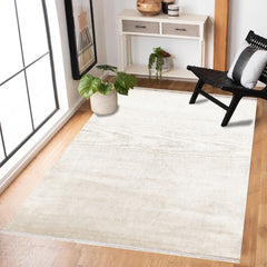 Krem Düz Modern Etnik Desenli Halı  | Makinada Yıkanabilir | Hav Toz Vermez | Leke Tutmayan | Kaymaz Taban | Dijital Makine Baskı | Salon Yolluk Mutfak Halısı