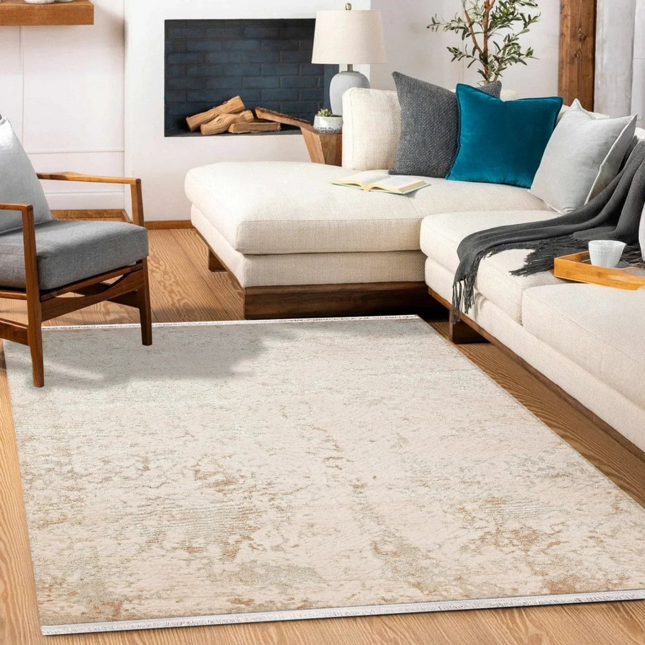 Bej Krem Eskitme Modern Halı - Yıkanabilir - Kaymaz Taban - Pati Dostu