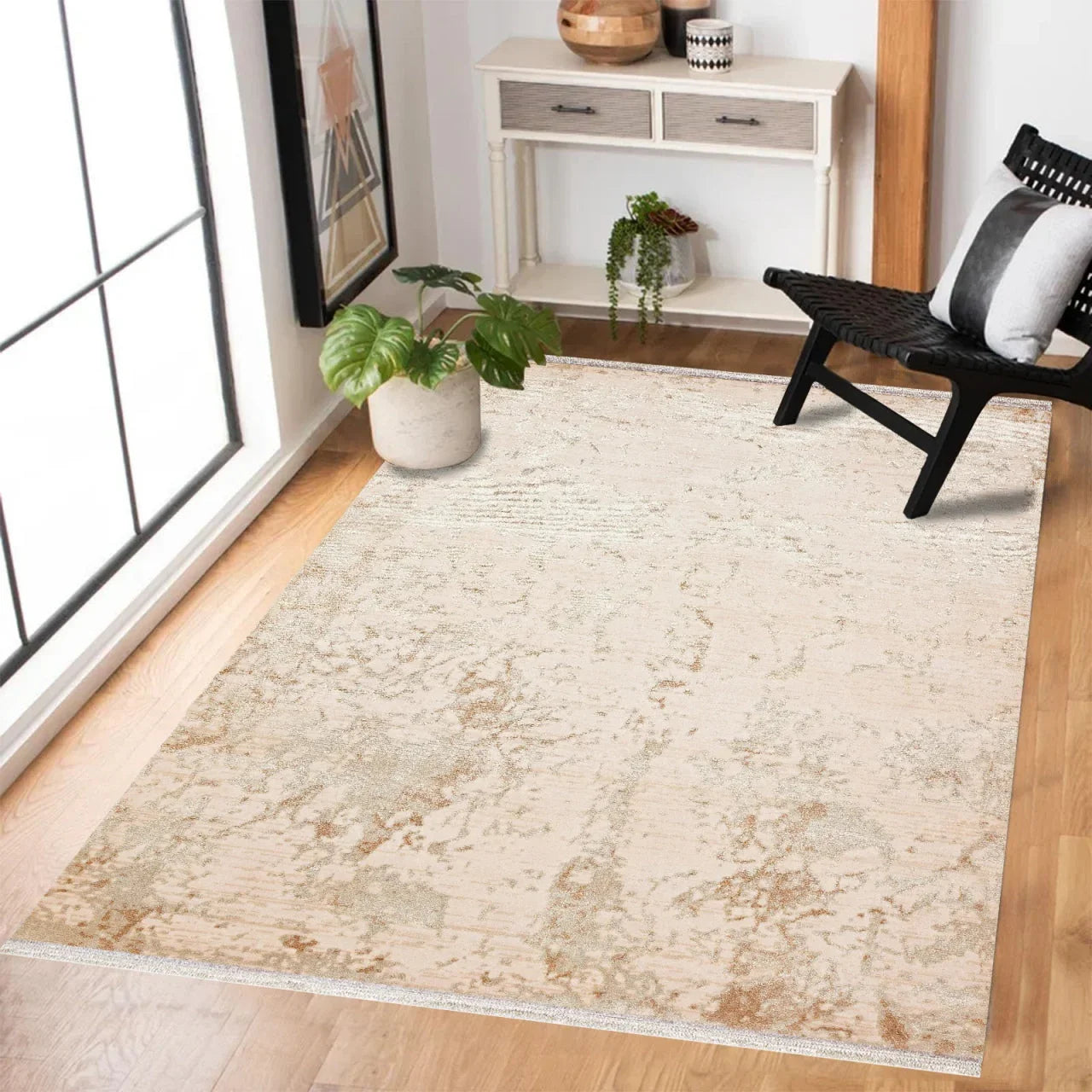 Bej Krem Eskitme Modern Halı - Yıkanabilir - Kaymaz Taban - Pati Dostu