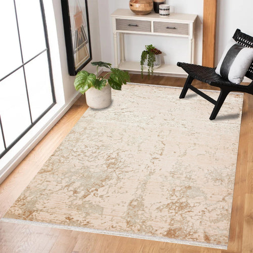 Bej Modern Modern Etnik Desenli Halı  | Makinada Yıkanabilir | Hav Toz Vermez | Leke Tutmayan | Kaymaz Taban | Dijital Makine Baskı | Salon Yolluk Mutfak Halısı