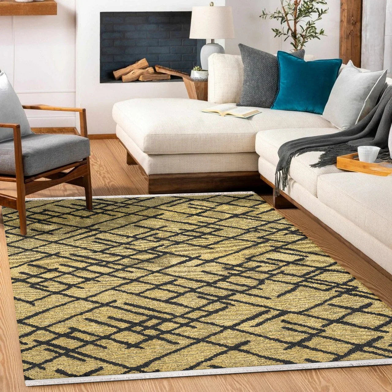 Antrasit Siyah Geometrik Minimalist Halı - Yıkanabilir - Kaymaz Taban - Pati Dostu