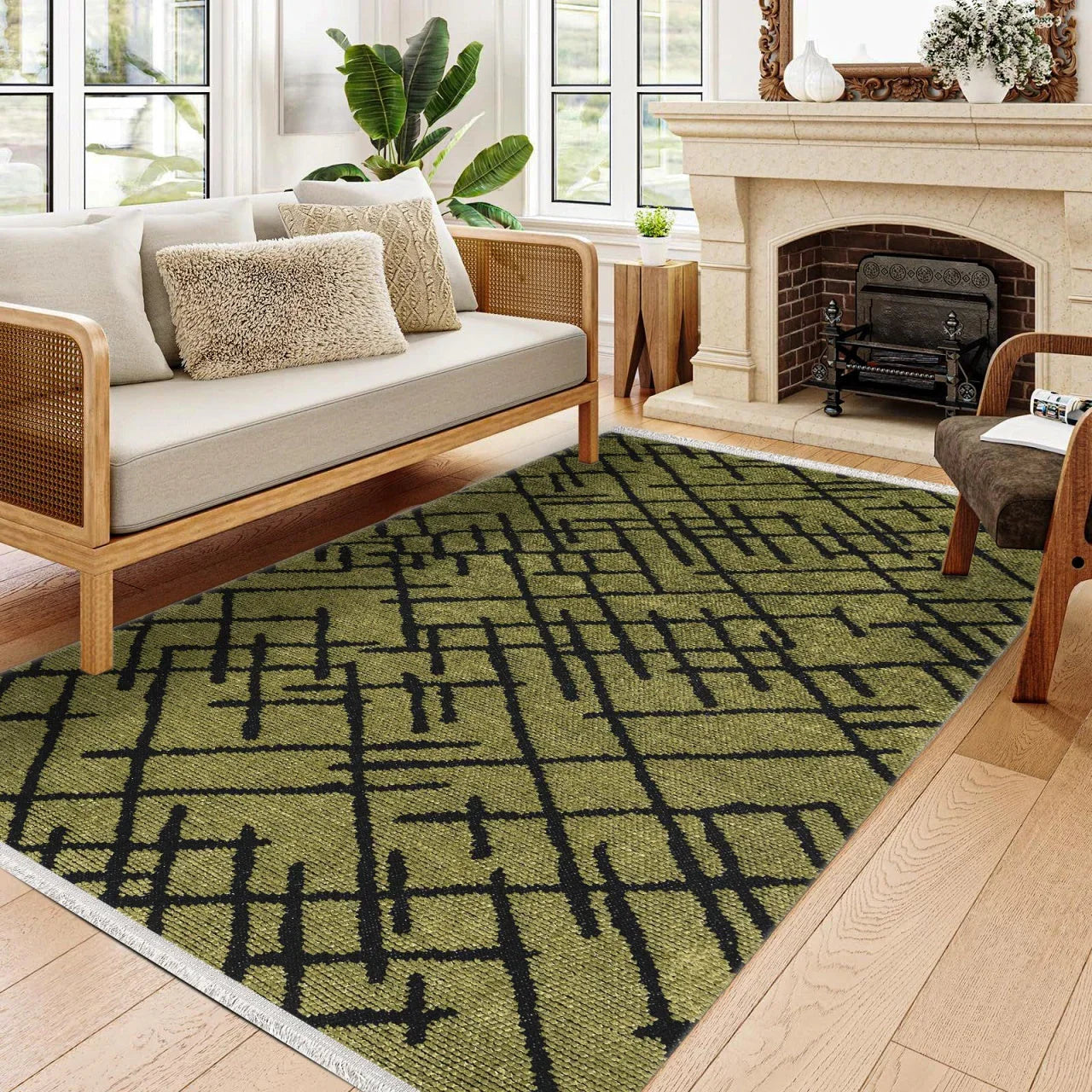 Siyah Geometrik Minimalist Halı - Yıkanabilir - Kaymaz Taban - Pati Dostu