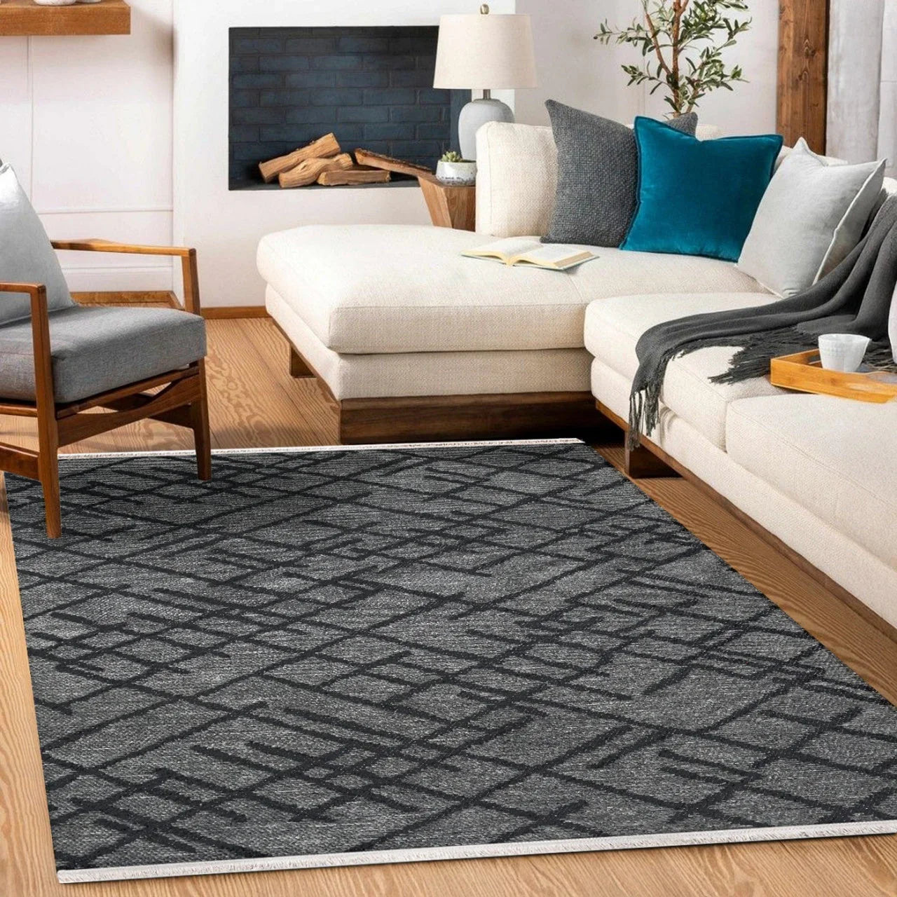 Antrasit Siyah Geometrik Minimalist Halı - Yıkanabilir - Kaymaz Taban - Pati Dostu