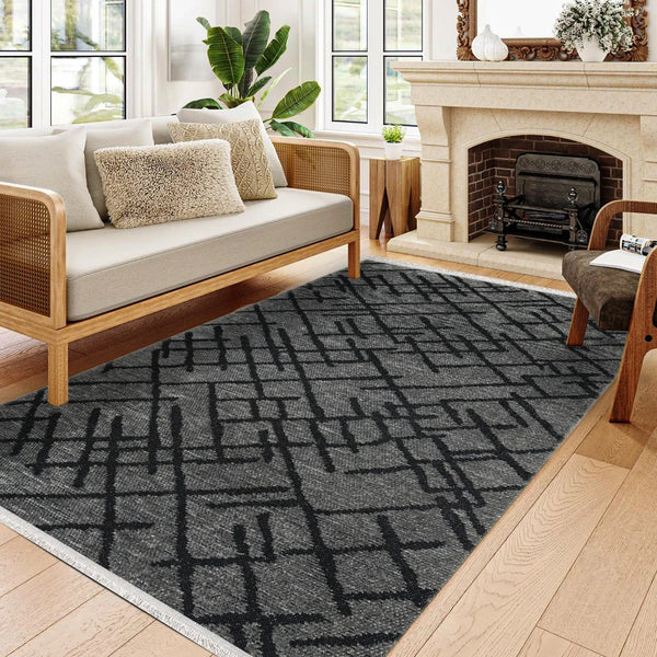 Antrasit Siyah Geometrik Minimalist Halı - Yıkanabilir - Kaymaz Taban - Pati Dostu