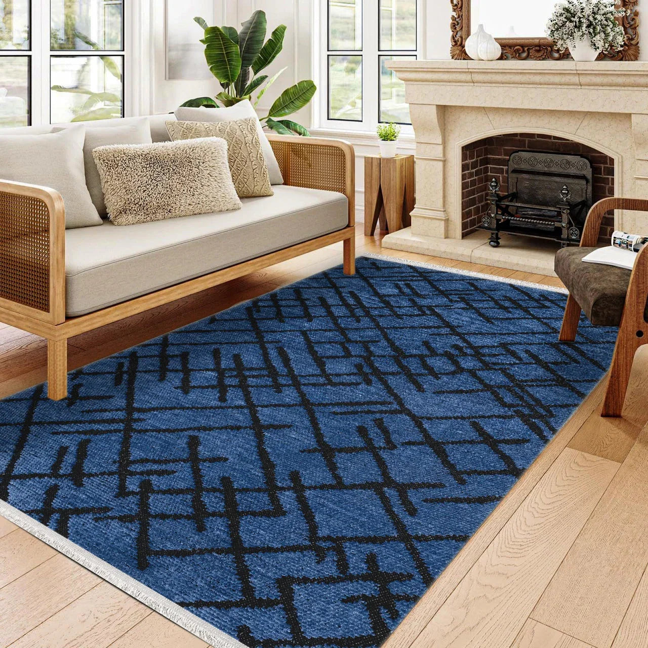 Siyah Geometrik Minimalist Halı - Yıkanabilir - Kaymaz Taban - Pati Dostu