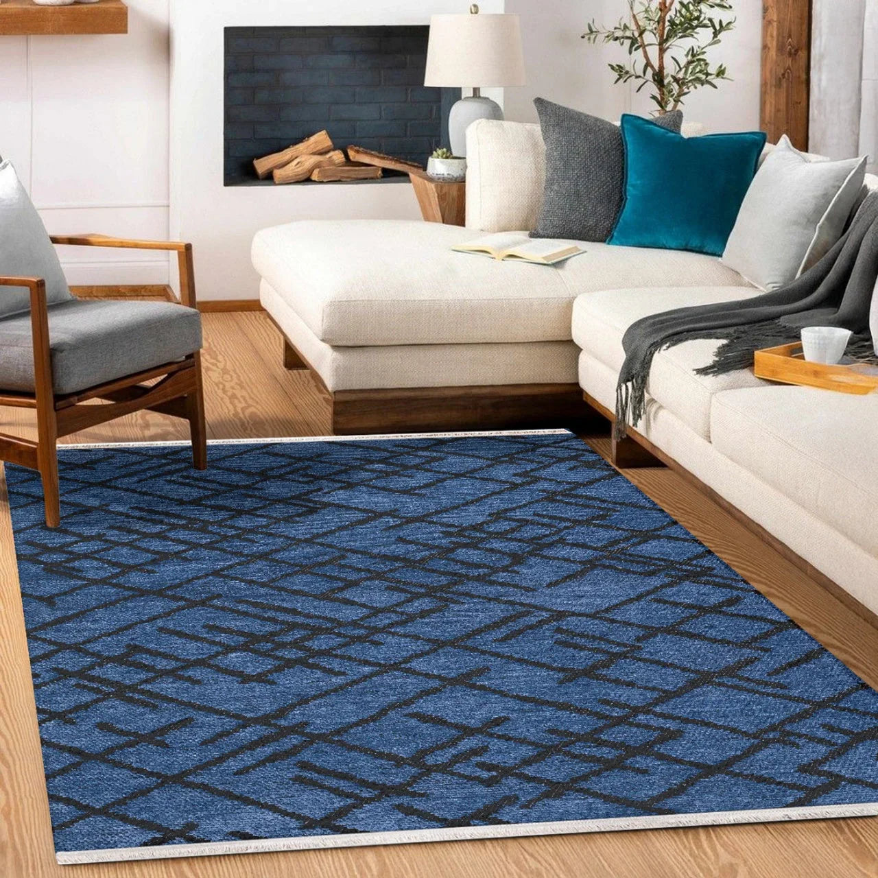 Siyah Geometrik Minimalist Halı - Yıkanabilir - Kaymaz Taban - Pati Dostu