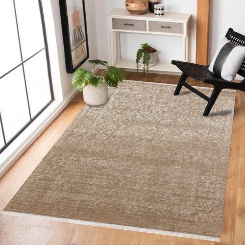 Bej Klasik Modern Etnik Desenli Halı  | Makinada Yıkanabilir | Hav Toz Vermez | Leke Tutmayan | Kaymaz Taban | Dijital Makine Baskı | Salon Yolluk Mutfak Halısı