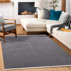 Koyu Mavi Geometrik Modern Etnik Desenli Halı  | Makinada Yıkanabilir | Hav Toz Vermez | Leke Tutmayan | Kaymaz Taban | Dijital Makine Baskı | Salon Yolluk Mutfak Halısı