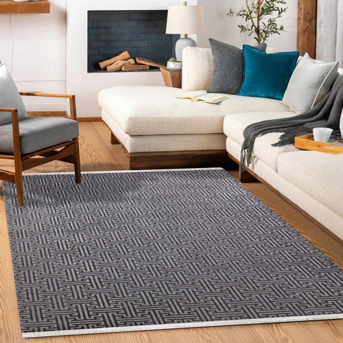 Koyu Mavi Geometrik Modern Etnik Desenli Halı  | Makinada Yıkanabilir | Hav Toz Vermez | Leke Tutmayan | Kaymaz Taban | Dijital Makine Baskı | Salon Yolluk Mutfak Halısı