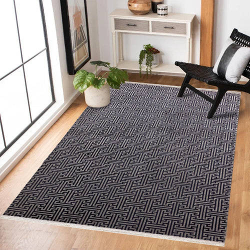 Koyu Mavi Geometrik Modern Etnik Desenli Halı  | Makinada Yıkanabilir | Hav Toz Vermez | Leke Tutmayan | Kaymaz Taban | Dijital Makine Baskı | Salon Yolluk Mutfak Halısı