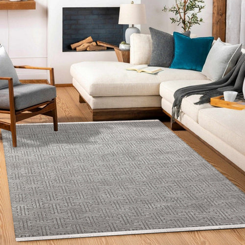 Gri Geometrik Modern Etnik Desenli Halı  | Makinada Yıkanabilir | Hav Toz Vermez | Leke Tutmayan | Kaymaz Taban | Dijital Makine Baskı | Salon Yolluk Mutfak Halısı