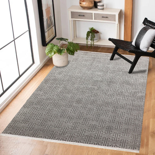 Gri Geometrik Modern Etnik Desenli Halı  | Makinada Yıkanabilir | Hav Toz Vermez | Leke Tutmayan | Kaymaz Taban | Dijital Makine Baskı | Salon Yolluk Mutfak Halısı