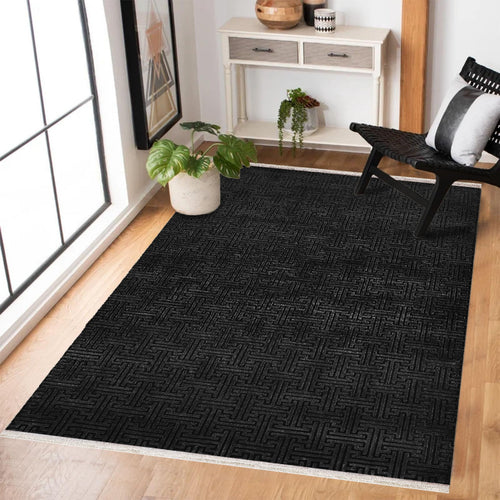 Siyah Geometrik Modern Etnik Desenli Halı  | Makinada Yıkanabilir | Hav Toz Vermez | Leke Tutmayan | Kaymaz Taban | Dijital Makine Baskı | Salon Yolluk Mutfak Halısı