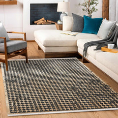 Siyah Kazayağı Modern Etnik Desenli Halı  | Makinada Yıkanabilir | Hav Toz Vermez | Leke Tutmayan | Kaymaz Taban | Dijital Makine Baskı | Salon Yolluk Mutfak Halısı