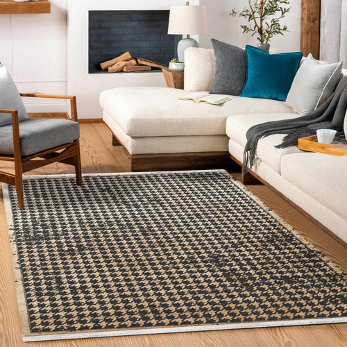 Siyah Kazayağı Modern Etnik Desenli Halı  | Makinada Yıkanabilir | Hav Toz Vermez | Leke Tutmayan | Kaymaz Taban | Dijital Makine Baskı | Salon Yolluk Mutfak Halısı